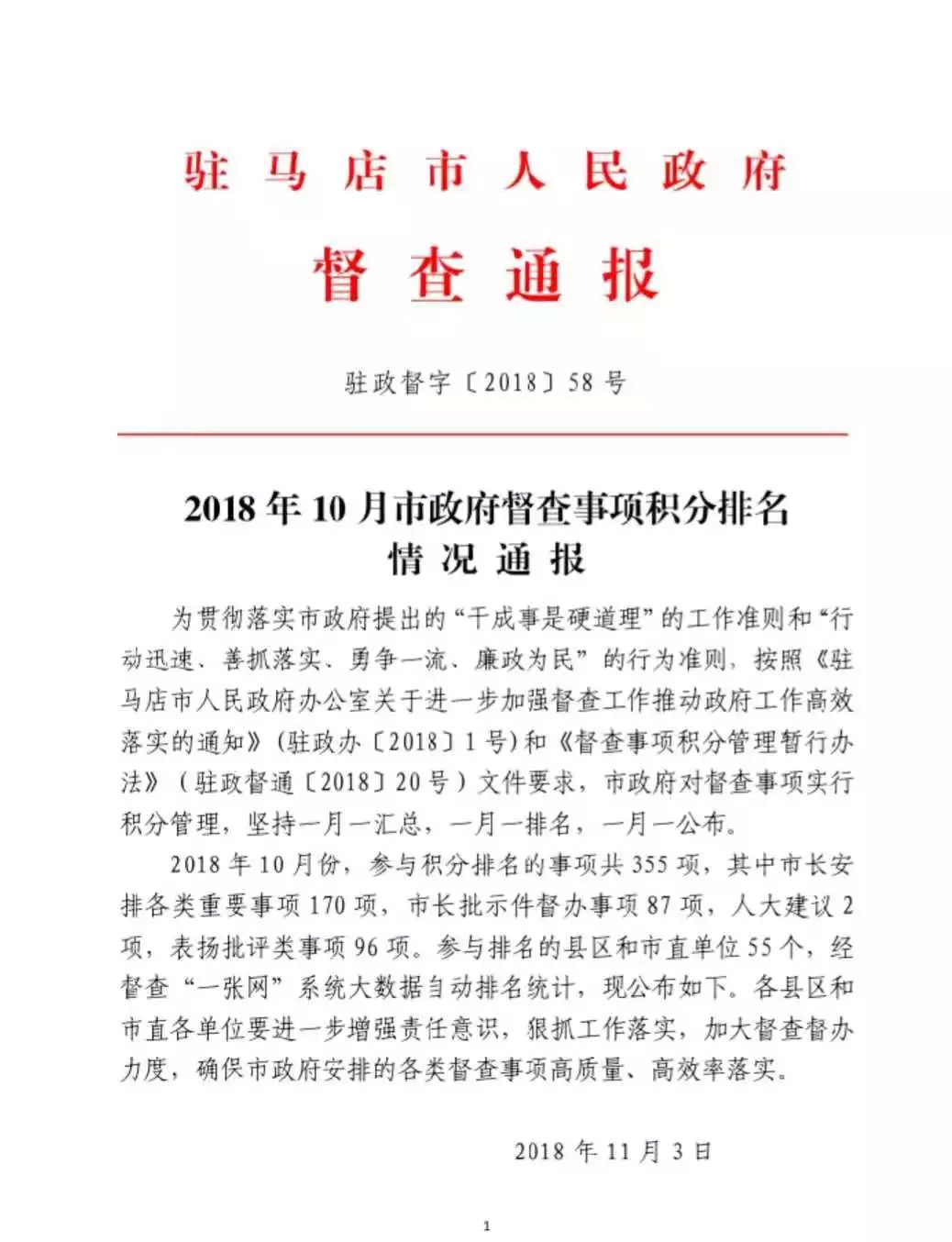 10月份市政府督查事项积分排名公布